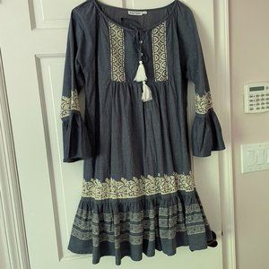 Roberta Roller Rabbit Indigo Dress, lined, sleeves, Blue / White Small S